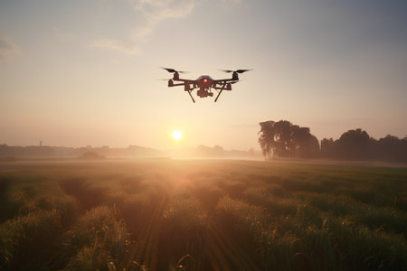 Drone flying over the rice field at sunset. 3d renderの素材