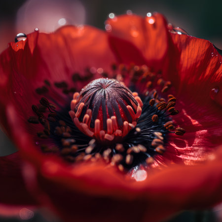 Red poppy flower with water drops on petals and stamensの素材