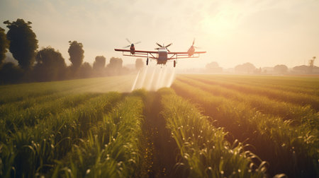 Agriculture drone spraying pesticides on agricultural field at sunset. Agricultural technologyの素材