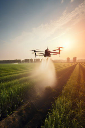 Agriculture drone spraying fertilizer on rice field. Agricultural technology conceptの素材