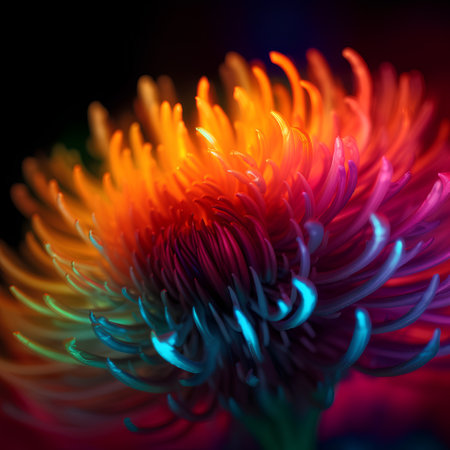 Colorful chrysanthemum flower close-up on a black backgroundの素材