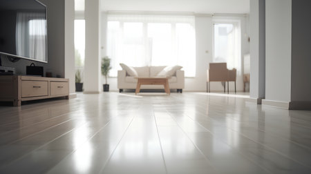 Interior of a modern living room with white walls and wooden floorの素材