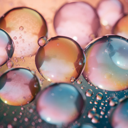 Colorful abstract background with water drops and soap bubbles. Macro shot.の素材