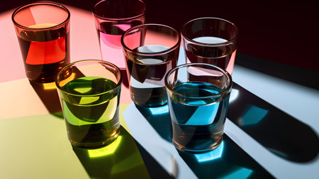 Colorful shot glasses on a dark background with light rays and shadowsの素材