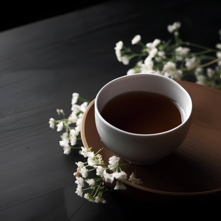 Cup of tea with white flowers on a dark wooden background.の素材