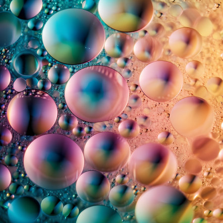 abstract colorful background with oil drops in water, close-upの素材