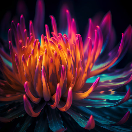 Colorful chrysanthemum flower on black background. Toned.の素材