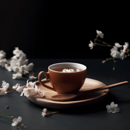 Cup of tea with cherry blossom on a black background.の素材