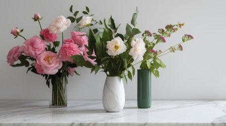 Bouquet of pink and white roses in vasele tableの素材