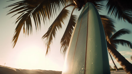 Surfboard on the beach with palm trees at sunset. Vintage filter.の素材