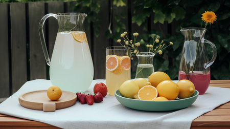 Homemade lemonade in a jug and glasses on a wooden tableの素材