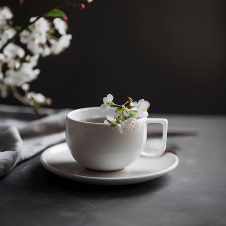 Cup of tea with cherry blossom on dark background, selective focusの素材