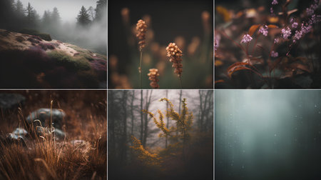 Collage of four images of a fantasy forest with fog and flowersの素材