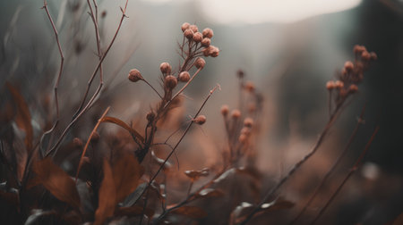 Autumn landscape with dry grass and flowers. Selective focus.の素材