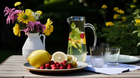 Summer still life with lemonade, raspberries, lemons and flowersの素材
