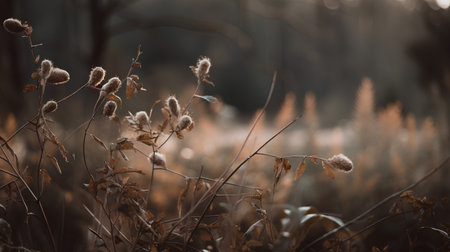 Dry plants in the autumn forest. Shallow depth of field.の素材