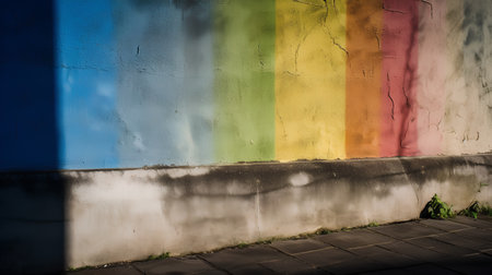 Rainbow painted on the wall of an old building in the cityの素材