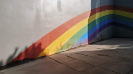 Rainbow painted on the wall of a building with shadow of treesの素材