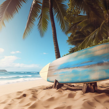 Surfboard on the beach with palm trees and blue sky.の素材