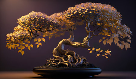 3d render of bonsai tree in pot on dark backgroundの素材