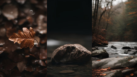 Collage of autumn leaves and stones in the river. Selective focus.の素材