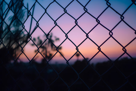 Silhouette of chain link fence with sunset background. Selective focus.の素材