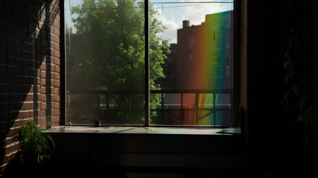 Rainbow on the window in the dark room with brick wall backgroundの素材