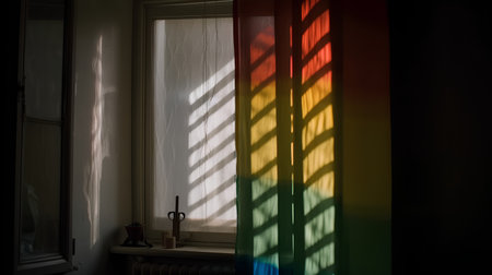 Window with sunbeams and shadow on the wall in dark roomの素材