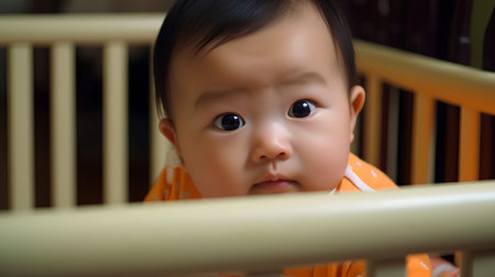Cute asian baby boy in orange shirt standing in crib.の素材