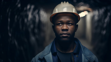 Portrait of a young African-American miner in an underground mineの素材