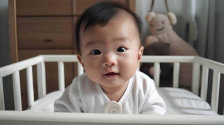 Cute asian baby boy in white crib looking at camera.の素材