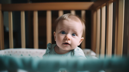 Cute baby boy standing in crib at home and looking at cameraの素材