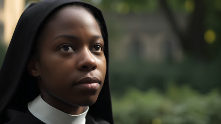 Close-up portrait of a young dark-skinned woman in a nun's dressの素材