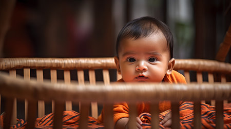 Portrait of cute asian baby boy looking at camera in wooden cradle.の素材