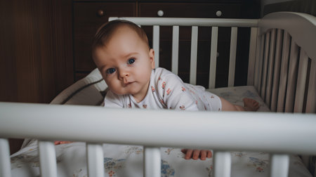 Cute little baby boy sitting in a crib and looking at cameraの素材
