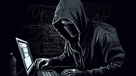 Vector illustration of a hacker in hood stealing information from a computer.の素材