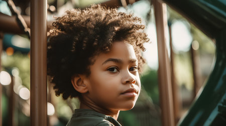 portrait of african american boy looking at camera on playgroundの素材