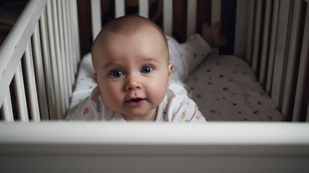 Portrait of a cute baby girl in the crib. Shallow depth of field.の素材