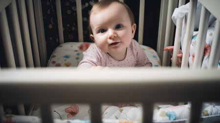 Cute little baby girl playing in her crib at home. Selective focus.の素材