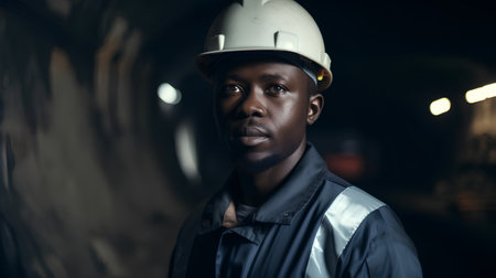 Portrait of young African-American male worker with hardhat.の素材