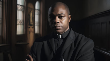 Close up portrait of a serious African-American priest in a churchの素材