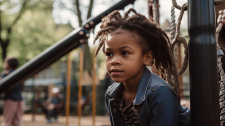 Portrait of a cute little african american girl on playgroundの素材