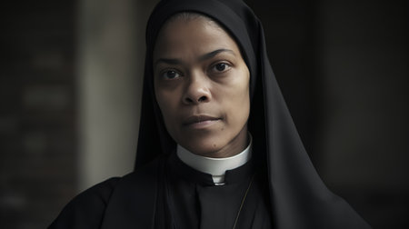 Portrait of a young catholic nun looking at camera with serious expressionの素材