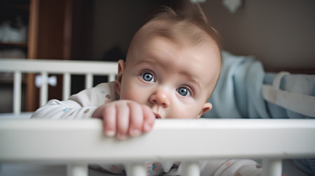 Portrait of a cute little baby boy in a crib looking at the cameraの素材
