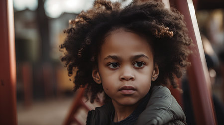Close-up portrait of cute african american little girl on playground.の素材