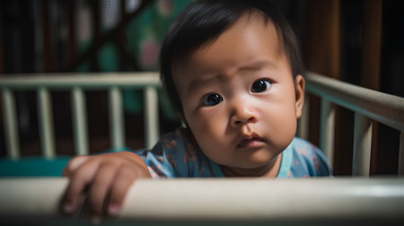 Cute asian baby boy looking at camera in the crib.の素材