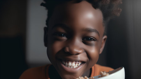 Close-up portrait of a happy african american girl eating cerealの素材