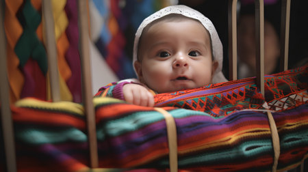 Portrait of a cute little baby girl in a colorful blanket.の素材