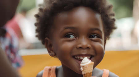 Portrait of cute african american little girl eating ice creamの素材
