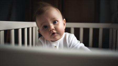 Portrait of a cute baby with blue eyes in a crib.の素材